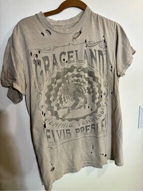 Elvis Presley Graceland Distressed Graphic Tee in Faded Beige